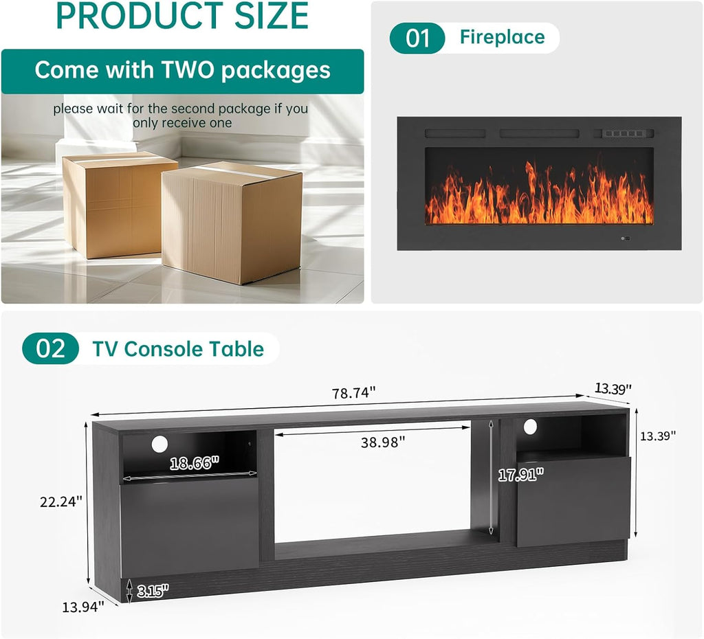 80" Fireplace TV Stand for TVs Up to 90", LED Light Entertainment Center with 36" Electric Fireplace, Modern Wood