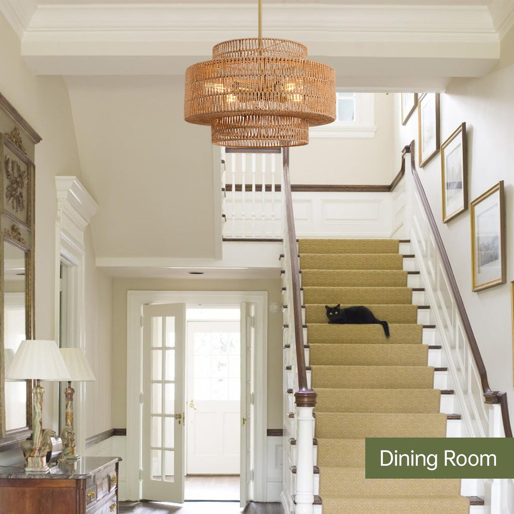 17.7" Rattan Chandelier, Large Boho Pendant Light