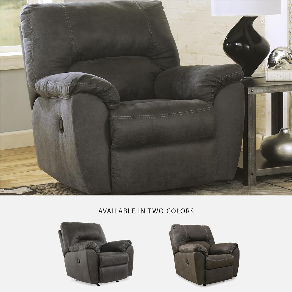 Contemporary Fabric Rocker Recliner, Pewter Finish, 41"x41"x41", Polyester Blend Upholstery, Pillow Top Arms