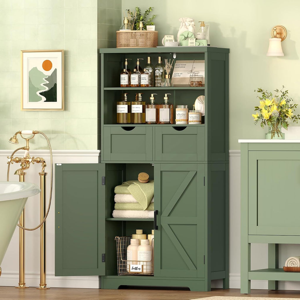 Bathroom Cabinet with Adjustable Shelf & 2 Drawers, Farmhouse Storage Cabinet with 2 Doors, Kitchen Storage Cabinets