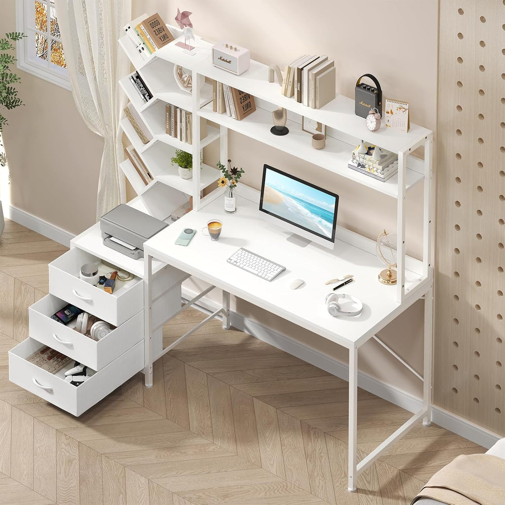 Reversible Computer Desk with Hutch, Home Office Desk with Drawers and Bookshelf