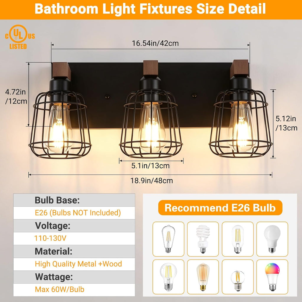 3-Light Bathroom Light Fixtures, Wood Bathroom Wall Lights, Modern Bathroom Vanity Light with Cage Metal Shade