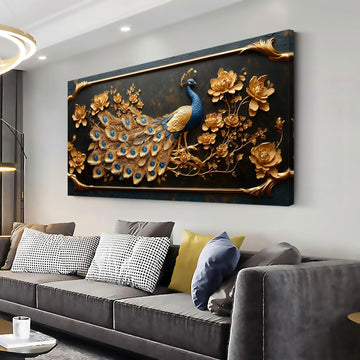 Pretty Peacock Wall Art Office Gold Country Rustic Retro Asian Canvas Painting Prints Golden Vintage Elegant Peackock