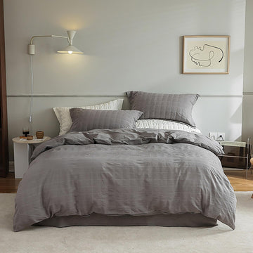 Soft Seersucker Duvet Cover Set, Cotton, Lightweight Bedding, Breathable All Season, 4 Pieces(Gray)