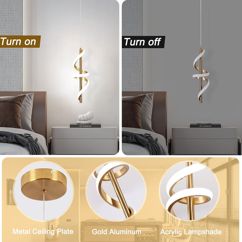 Spiral Led Pendant Light Fixtures, 5500K Gold Modern Led Pendant Light Kitchen Island, Adjustable Height Kitchen