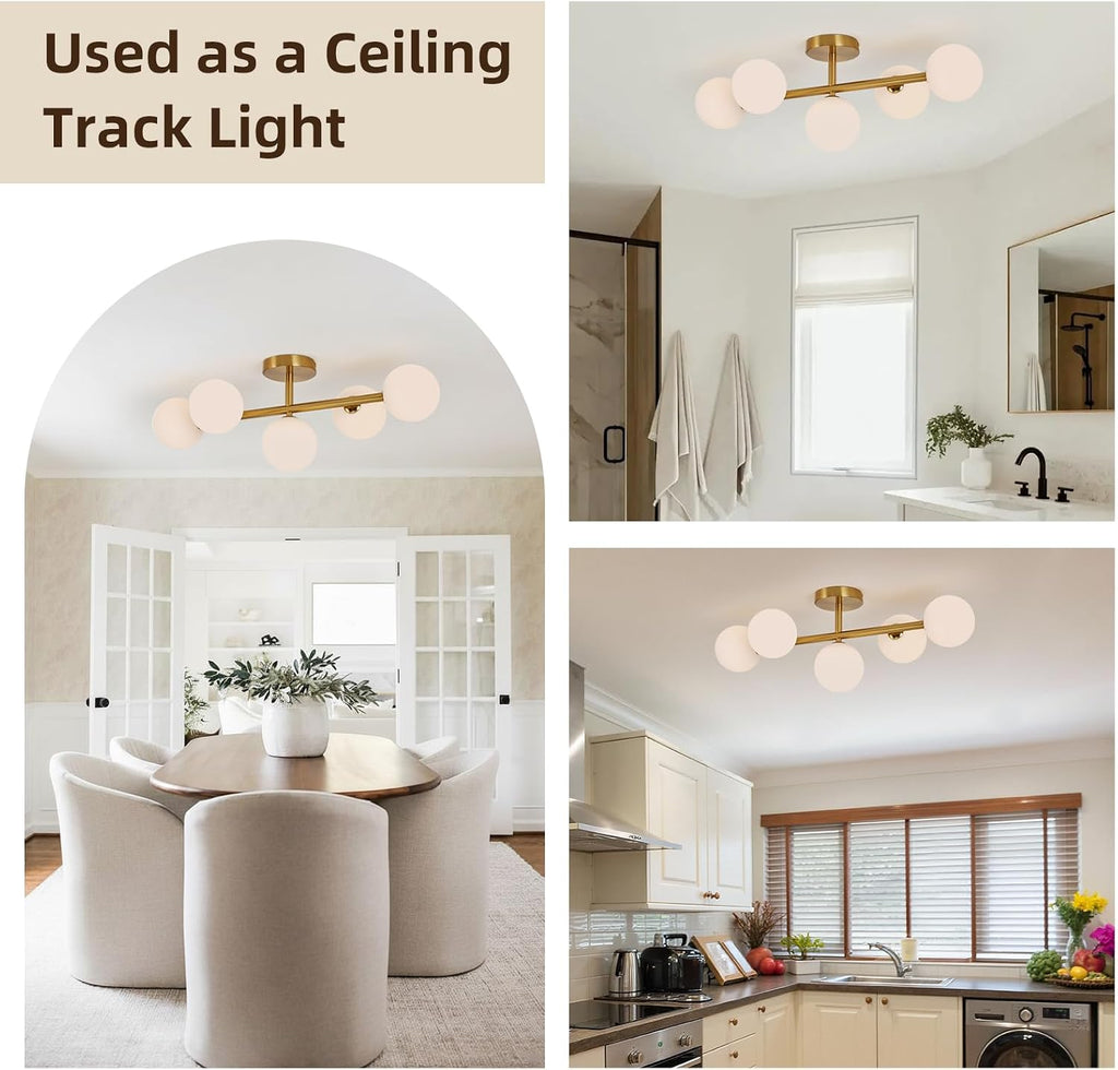 Modern Bathroom Vanity Light Fixtures,LED Brushed Gold Wall Sconce Lighting | 5 Lights Milk Glass Globe Vanity