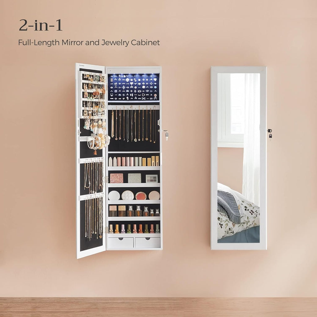 6 LEDs Mirror Jewelry Cabinet, 47.2-Inch Tall Lockable Wall or Door Mounted Jewelry Armoire Organizer with Mirror, 2