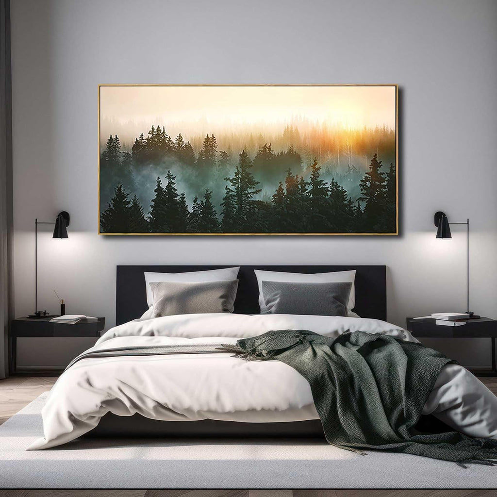 Large Foggy Forest Canvas Wall Art Landscape Mountain Painting Framed Wall Art Living Room Kitchen Office