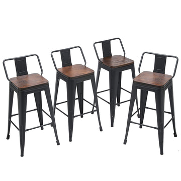 26" Low Back Metal Bar Stools with Wood Seat Set of 4 Matte Black