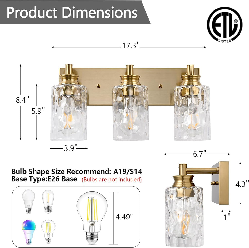 3 Light Bathroom Vanity Light Modern Brushed Gold Bathroom Light Fixtures Over Mirror with Hammered Glass Lampshade