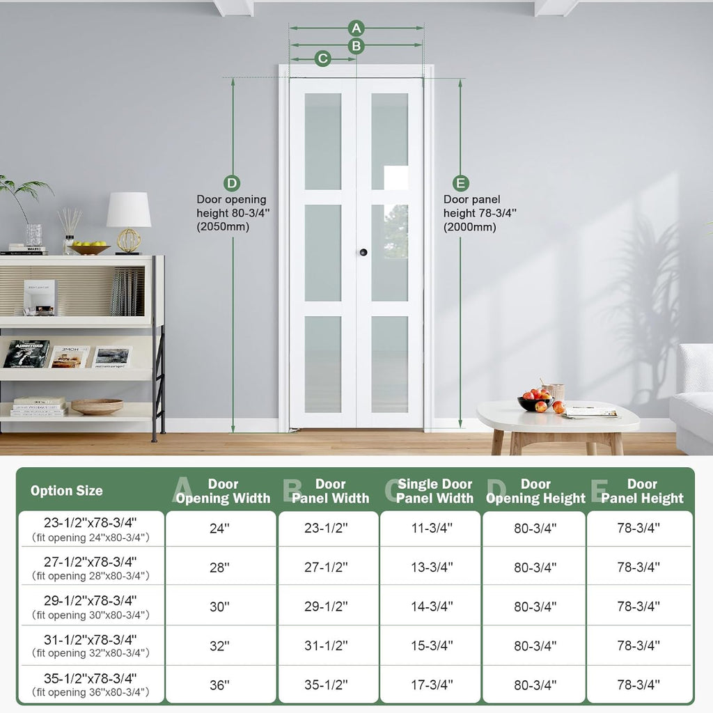 Bifold Doors for 32"×80-3/4" Opening, Preassembled White Frosted Glass Folding Barn Door, Sliding Interior Wood Panel