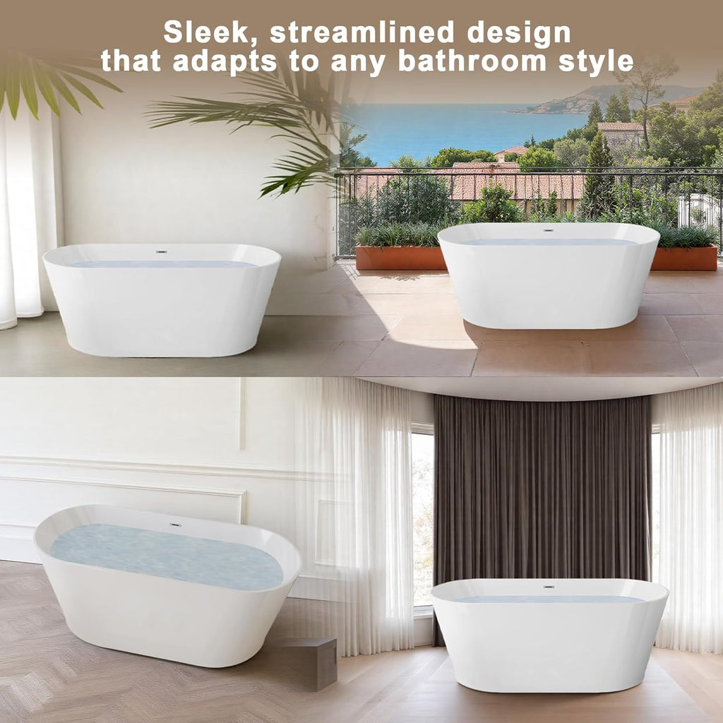 Zavdte 55" Freestanding Acrylic Bathtub, Gloss White Stand Alone Soaking Tub with Toe-tap Chrome Drain, Double-Wall
