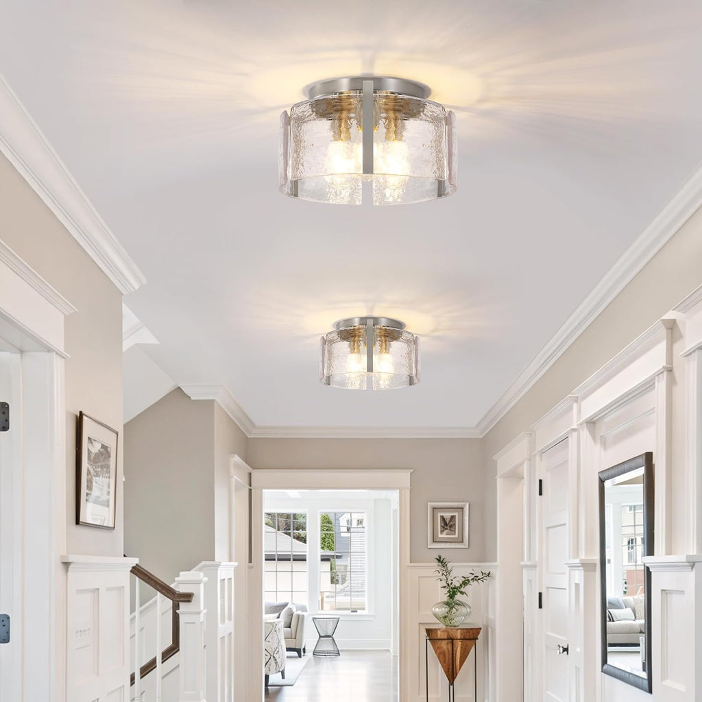 Brushed Nickel 3-Light Semi Flush Mount Ceiling Light, 15'' Modern Dimmable Hallway Fixture with Hammered Glass