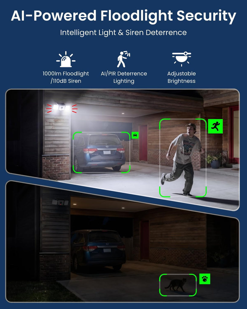 Solar Floodlight Security Cameras Wireless Outdoor, Up to 1000lm | AI/PIR Motion-Activated Floodlight, 2K 150° Color