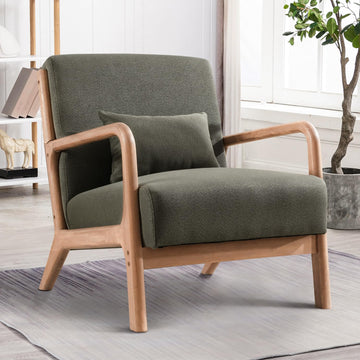 Mid Century Modern Accent Chair with Wood Frame, Upholstered Living Room Chairs with Waist Cushion, Reading Armchair