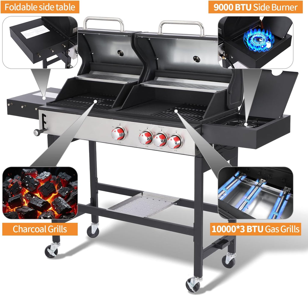 Propane and Charcoal Grill Combo with Side Burner, 41,500 BTU 2-in-1 Griddle Grill, 673 Sq. In. Cooking Area