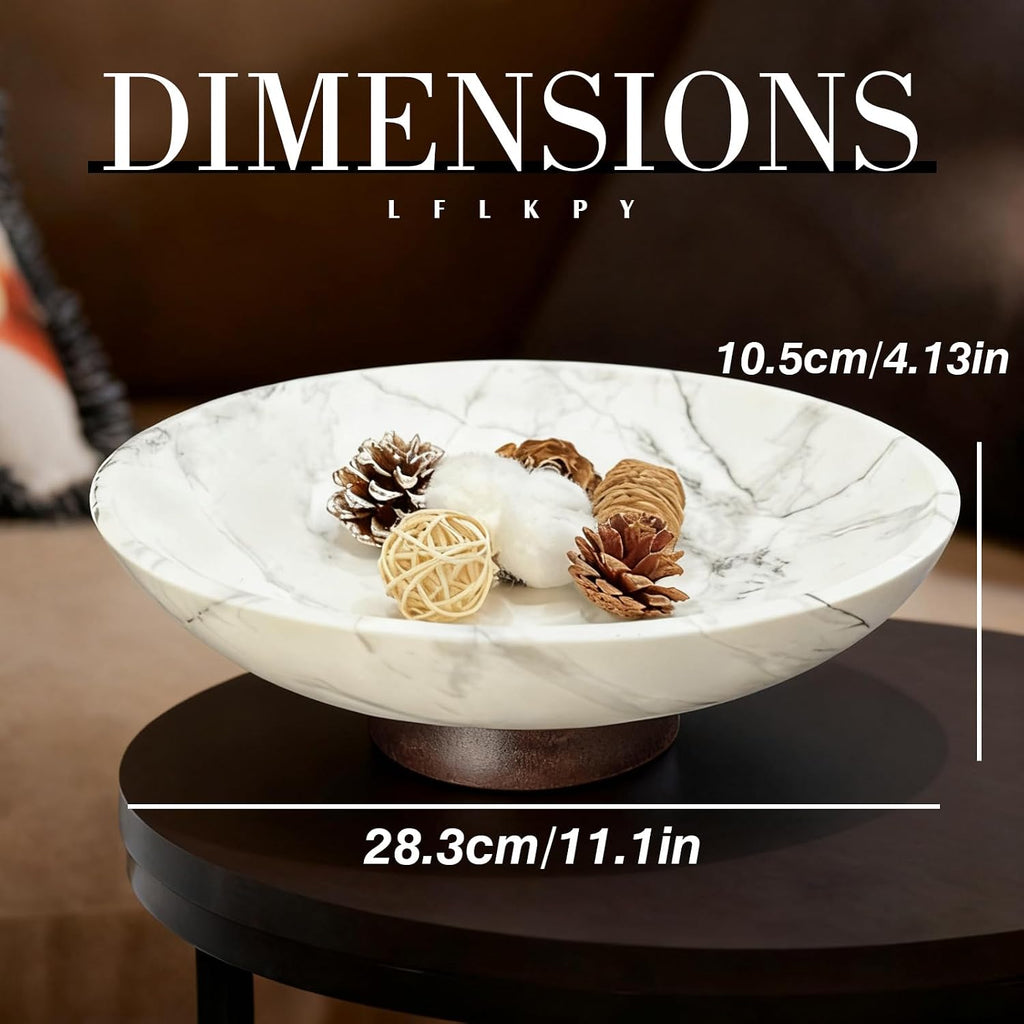 White Marble Texture Decorative Bowl with Acacia Wood Base - 11" Modern Pedestal Fruit Bowl for Table Centerpiece