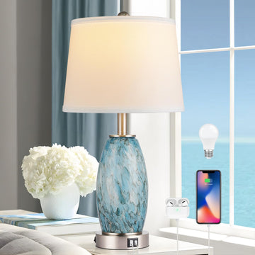 Glass Table Lamp with 3-Way Lighting Modes & USB C+A - Coastal Modern Style Nightstand Lamp Decorati