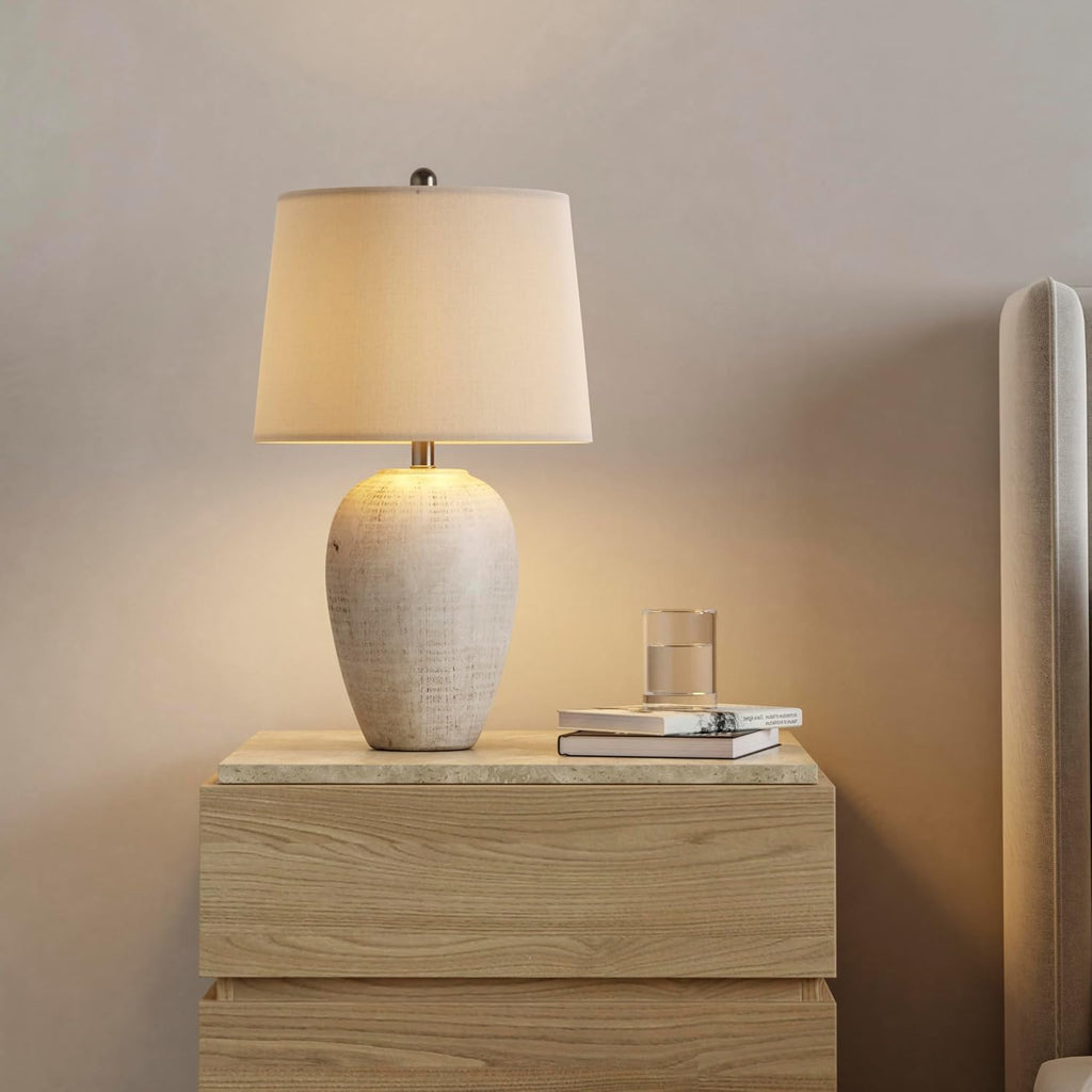 Home 23" Distressed Cream/Beige Rustic Ceramic Jar Table Lamp, Dining Office, with Ivory Shade
