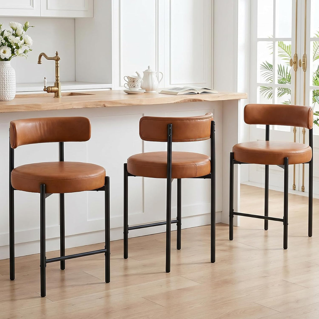 24'' Faux Leather Bar Stools Set of 3, Counter Height Bar Stools with Backs, Upholstered Counter Chairs Island (Vegan