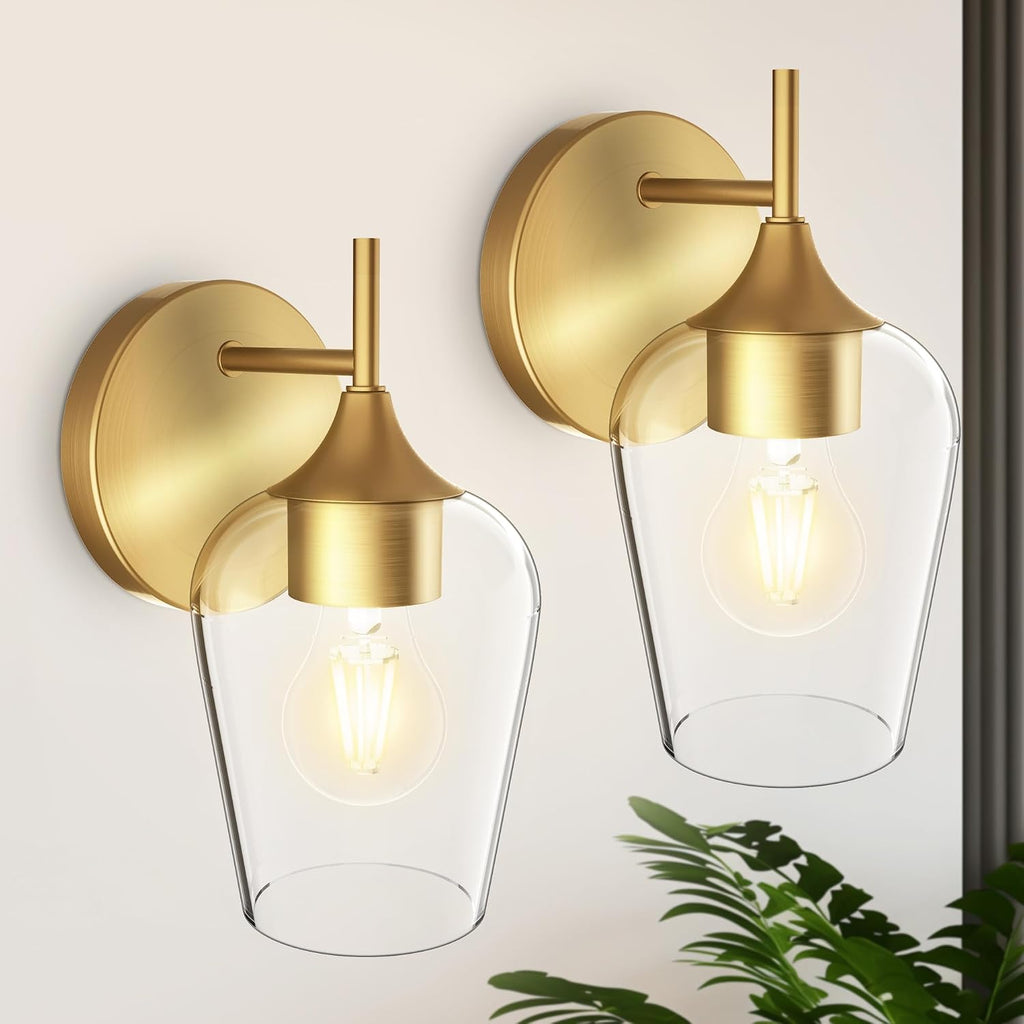 Gold Sconces Wall Lighting Set of 2, Bathroom Wall Lighting Fixtures Brass, Modern and Vintage Wall Lights with Clear