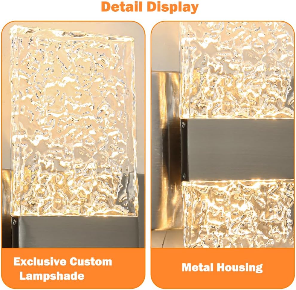 Modern Brushed Nickel 2 Lights Bathroom Vanity Light, LED Bathroom Light Fixtures Over Mirror, Dimmable Acrylic Wall