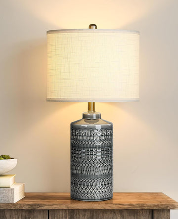 Modern Ceramic Table Lamp, 24.5" Living Room Lamps 3-Way Dimmable Gray Nightstand Lamp with White Sh
