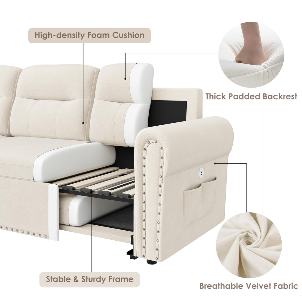 Sleeper Sofa Bed, 83'' Pull Out Couch Bed with Reversible Storage Chaise & Nailhead Armrest, Sectional Couches, Side
