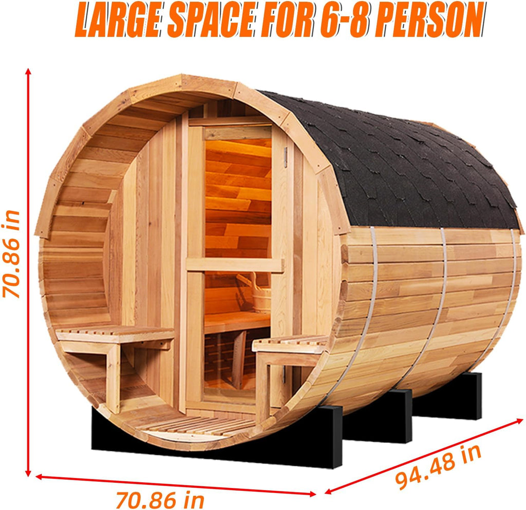 6-8 Person Outdoor Barrel Sauna,Canadian Cedar Wooden Saunas Kit with Porch,6KW TOULE Electric Stove Steam Sauna Room