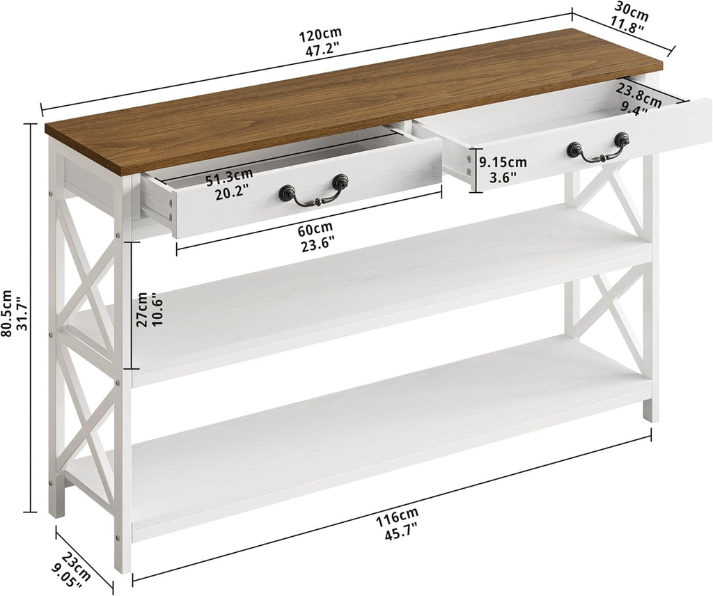 47.2" Farmhouse Console Table, Sofa Table with Drawer, Narrow Long Entry Table with 2 Shelf , White/Walnut