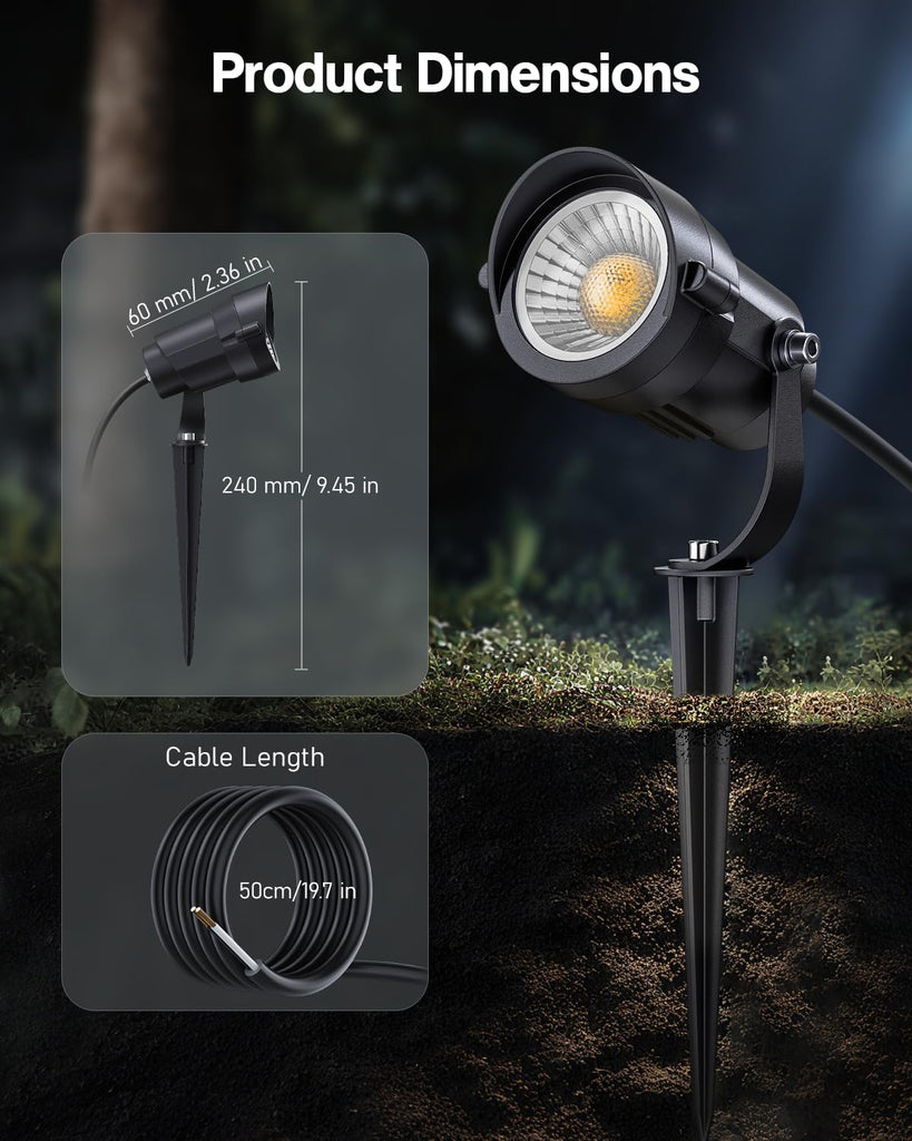 12W 2900K COB LED Low Voltage Landscape Spotlights, 36° True Spot Light Beam, ETL Listed, Outdoor Waterproof Wired