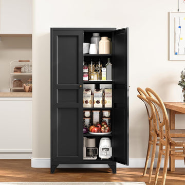 Metal Pantry Cabinet,Tall Kitchen Pantry Storage Cabinet with Doors and Adjustable Shelves - 61" Black Cupboard