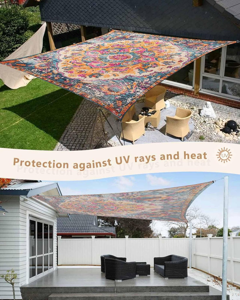 Bohemian Tribal Sun Sail Shades Rectangle Canopy,Sunlight Block Heavy Duty Curved Backyard Shade Cover,Waterproof Sun