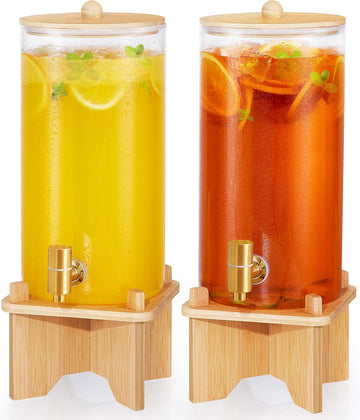1.5 Gallon Drink Dispenser: 2P Glass Dispenser w/Bamboo Stand - Set of 2