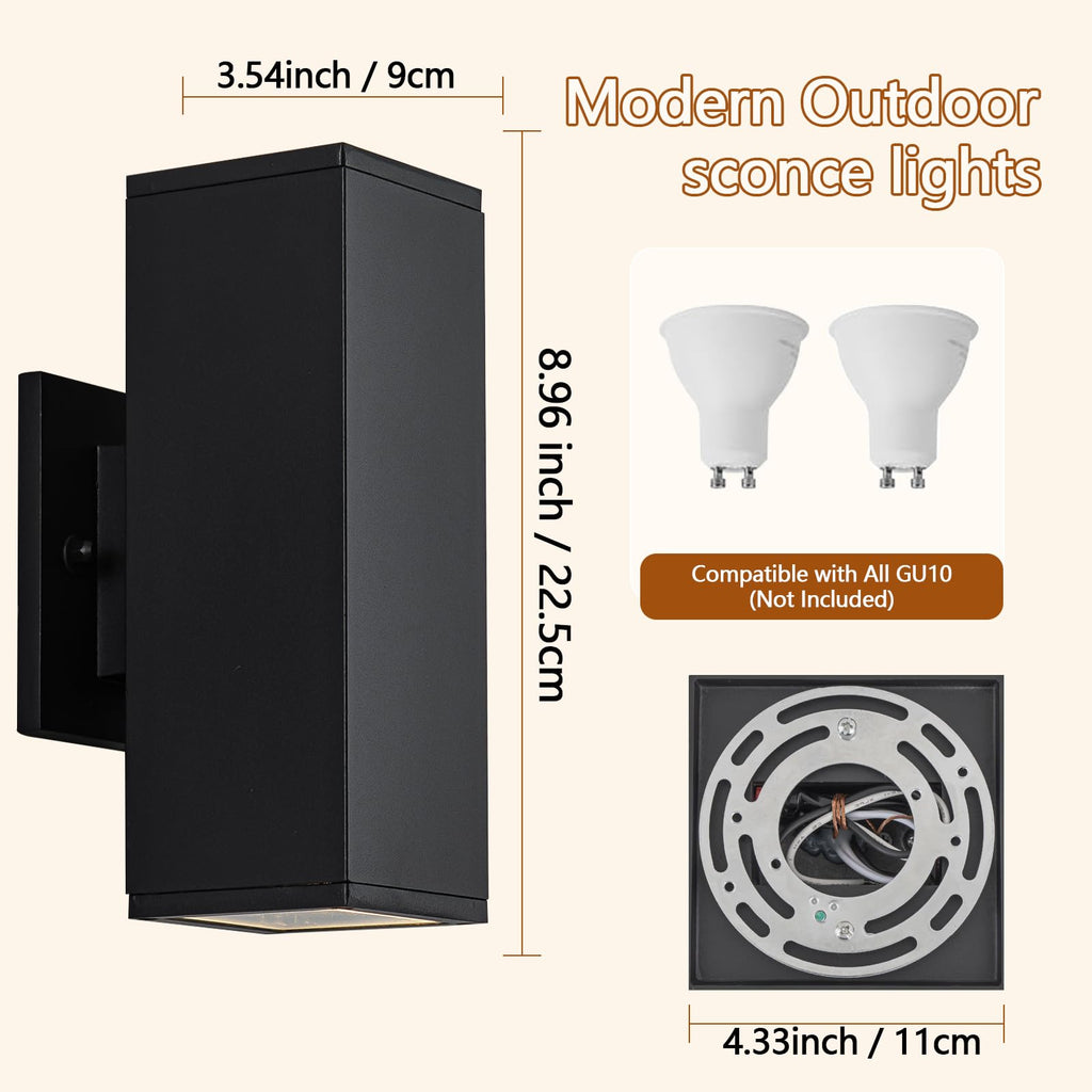 4 Pack Square Up Down Outdoor Wall Lights, Black Exterior