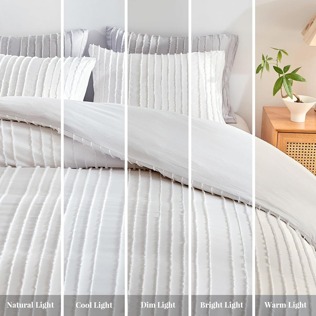 White Boho Duvet Cover Set, Striped Textured Tufted Bedding Set, 3 Pcs Ultra Soft Washed Microfiber with Zipper
