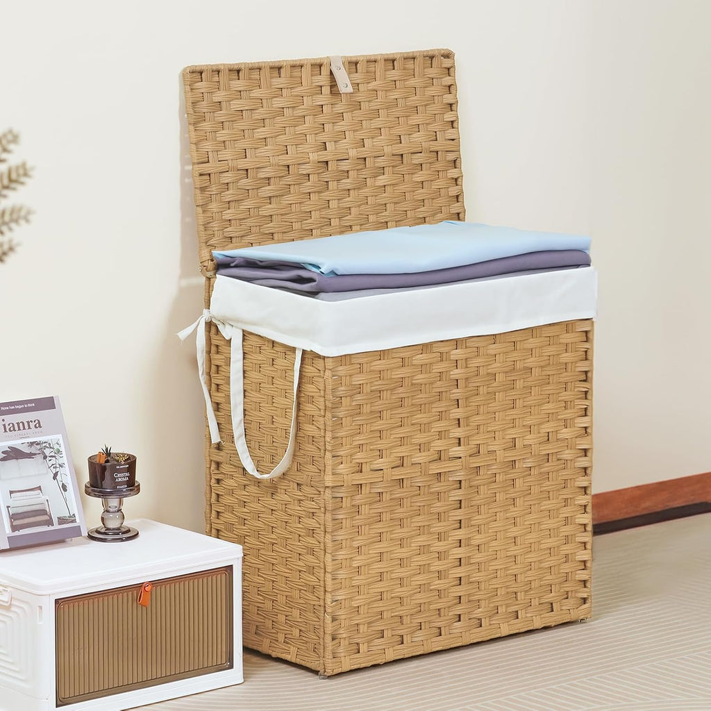 Wicker Laundry Basket with Lid, 110L Woven Laundry Hamper with Handles, Foldable Rattan Clothes Hamper with Removable
