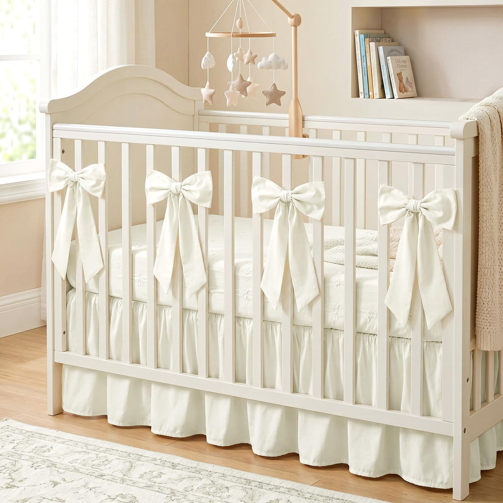 Beige Crib Bed Skirts with 4 Large Cot Bow 28" x 52", 14" Drop