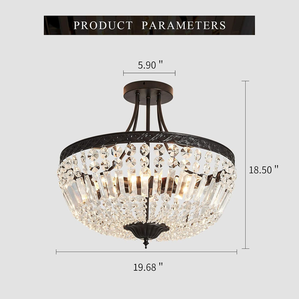 5-Light E12 Round Crystal Ceiling Light Fixture Modern Semi Flush Mount Chandelier Ceiling Lamp for Living Room