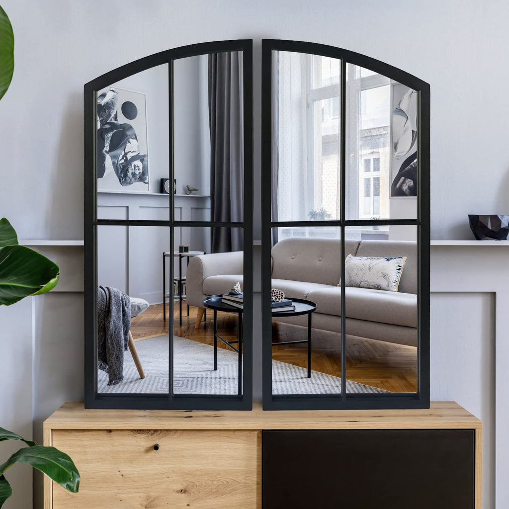 Arch Mirror, Window Pane Wall Decor, Farmhouse Wall Mirrors with Iron Frame, Fireplace.2-Pack 26.4"X13.4"