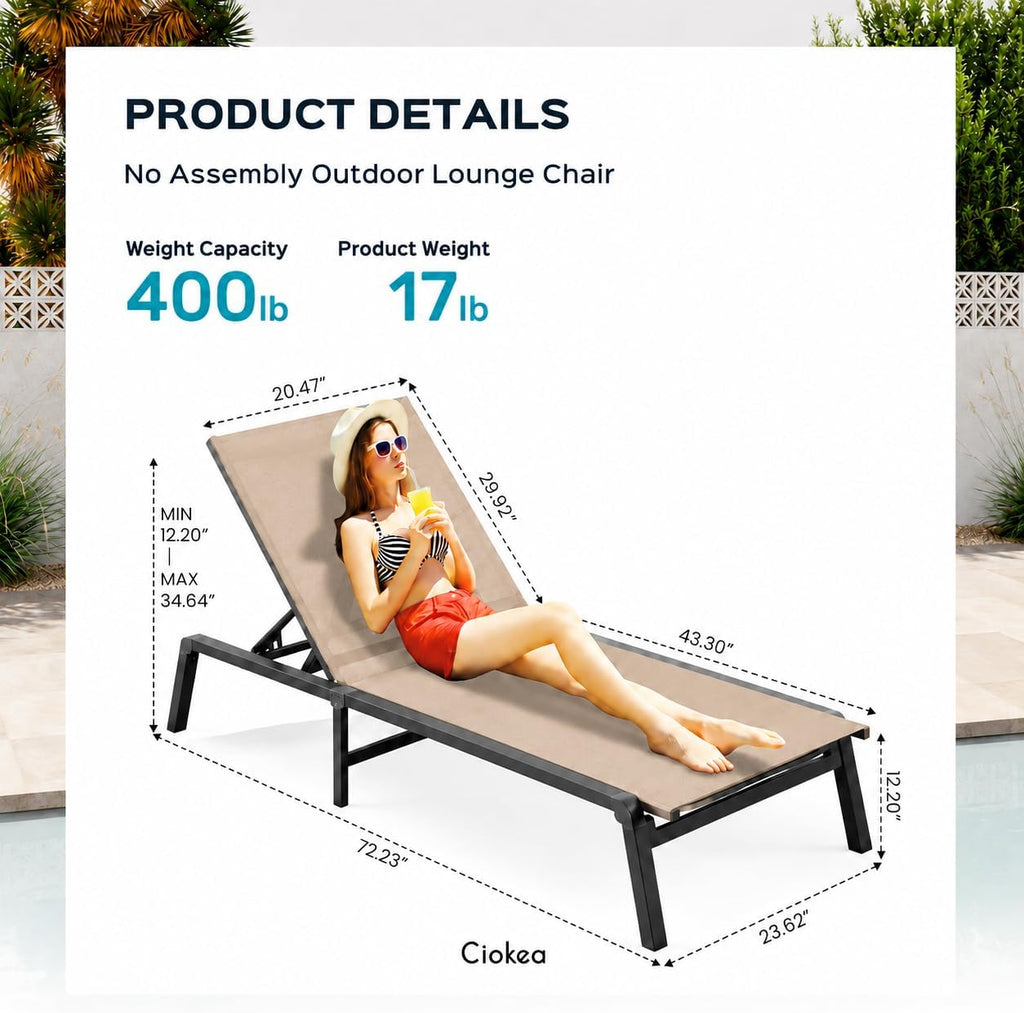 Aluminum Chaise Lounge Ourdoor - Foldable & Assemble Free Outdoor Lounge Chair with 5 Adjustable Backrest, Patio