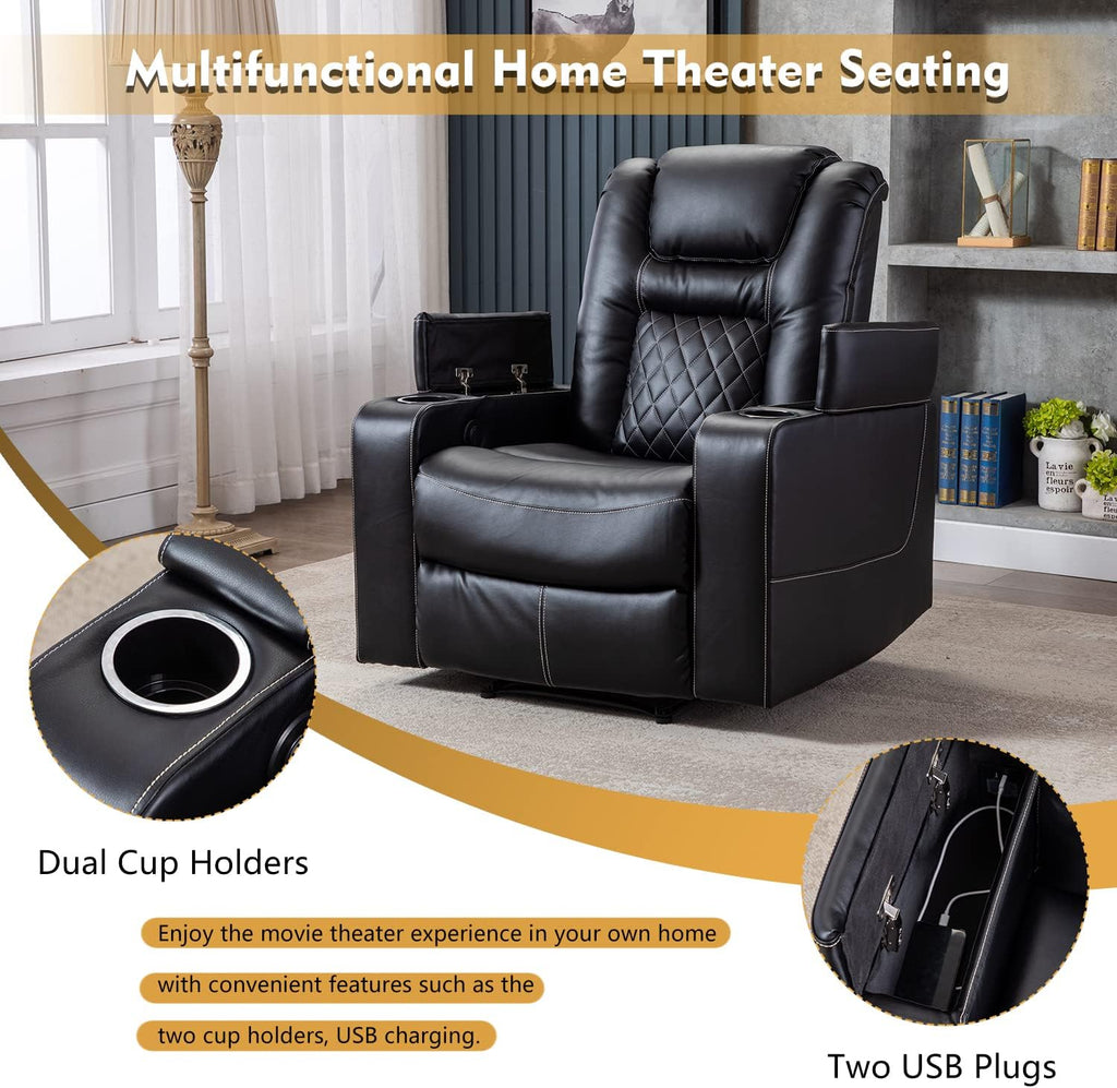 Electric Power Recliner Chair with USB Ports and Cup Holders, Breathable Leather Home Theater Seating with Hidden Arm