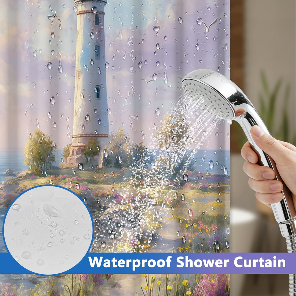 Beach No Hook Shower Curtain and Liner Set, Seaside Lighthouse Pattern Shower Curtain No Hooks with Snap in Liner