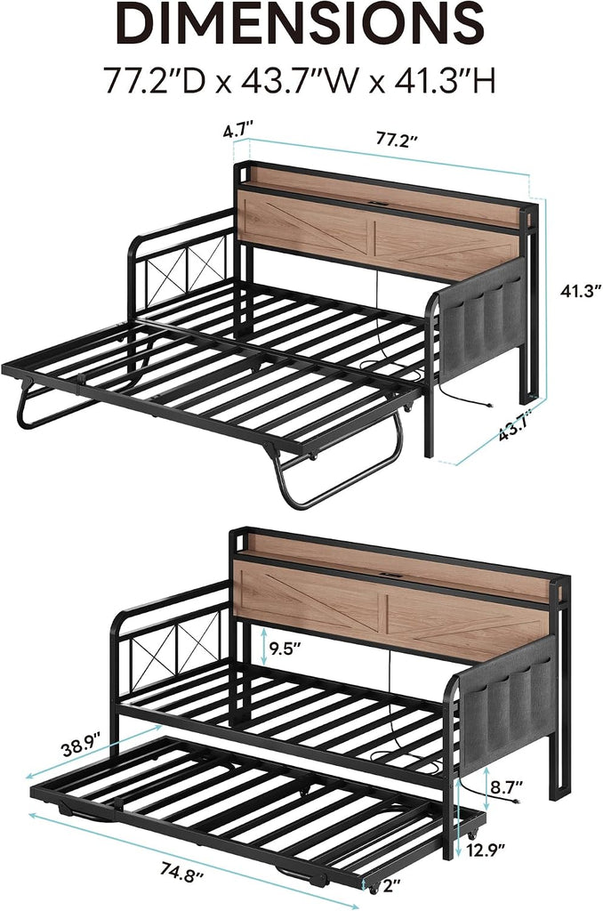 Twin Daybed with Pop Up Trundle & Charging Station & Storage Shelf | Pop Up Trundle with Smooth Wheels, Strong