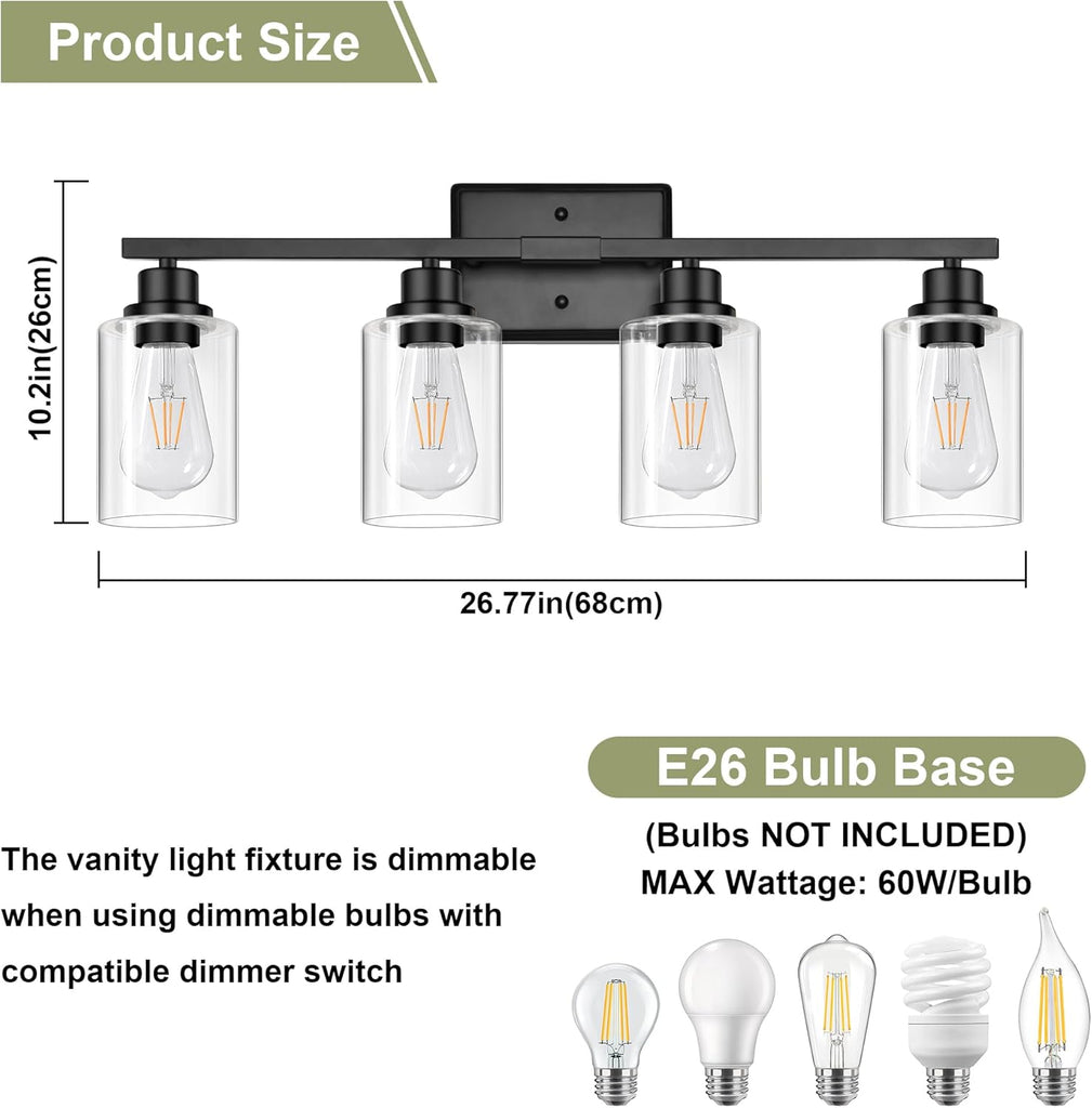 Modern Bathroom Light Fixtures, 4 Light Vanity Lights Over Mirror, Black Wall Lamp with Clear Glass Cabinet Bedroom
