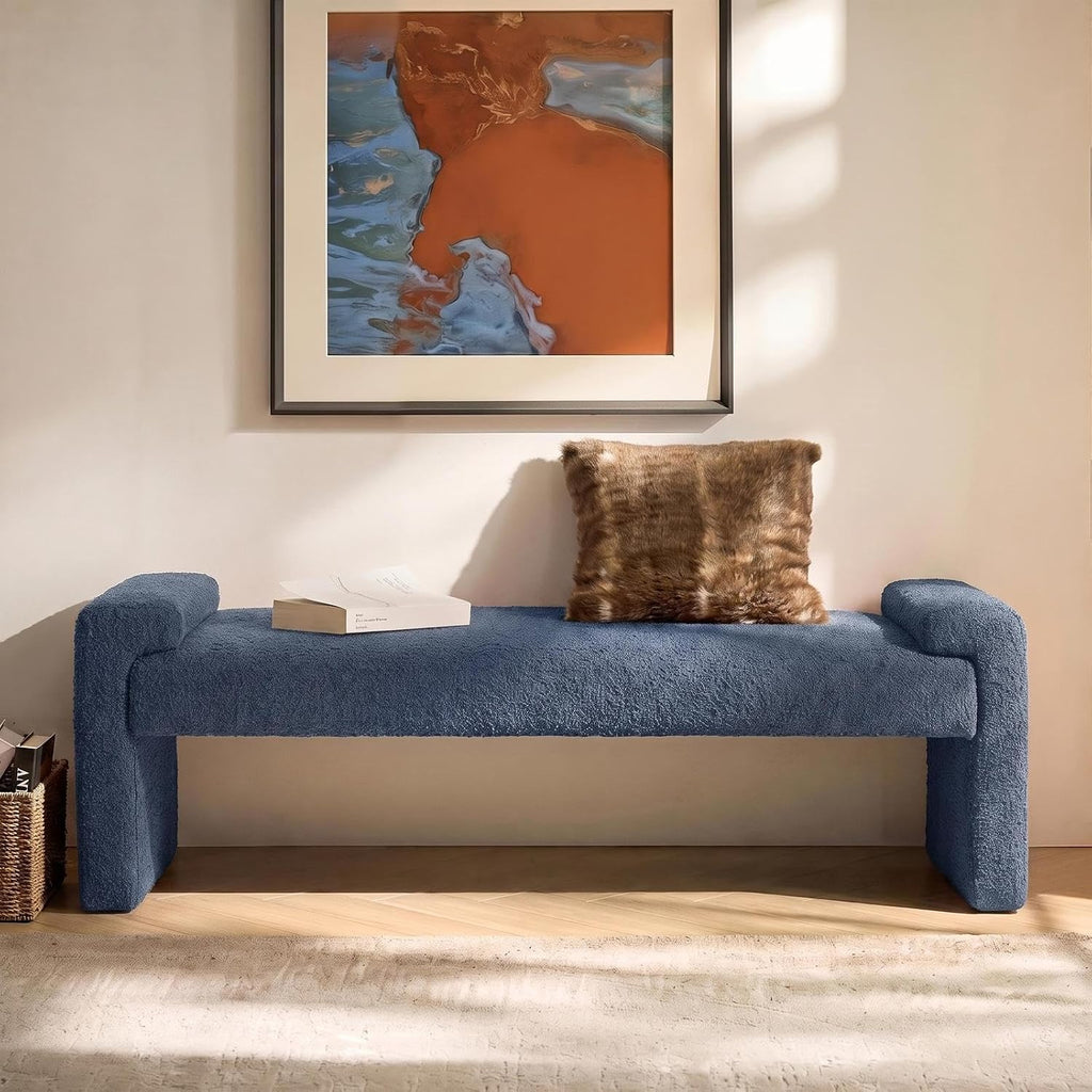 58" Boucle Upholstered Bedroom Bench with Arm Tray, Slate-Blue | End of Bed Bench with Wood Legs, Fabric Entryway