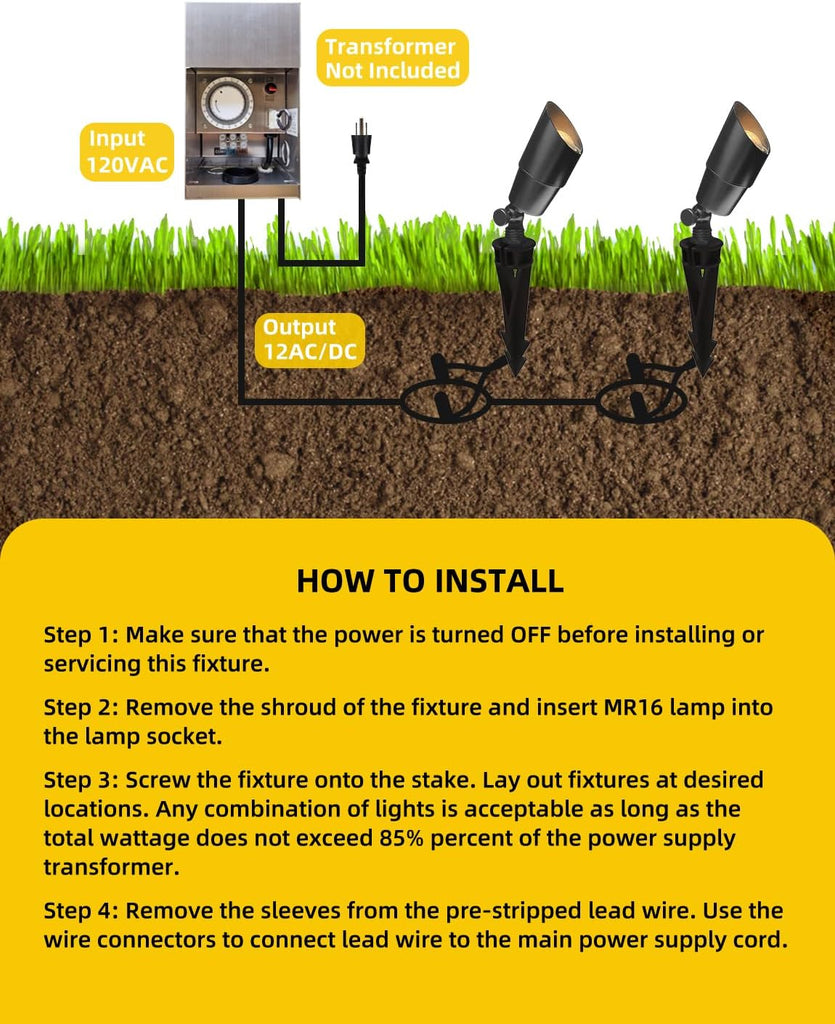 Brass Low Voltage Landscape Spotlight(Black) 6-Pack with 5W Aluminum Housing MR16 LED Bulb 2700K 450LM CRI85+,12V