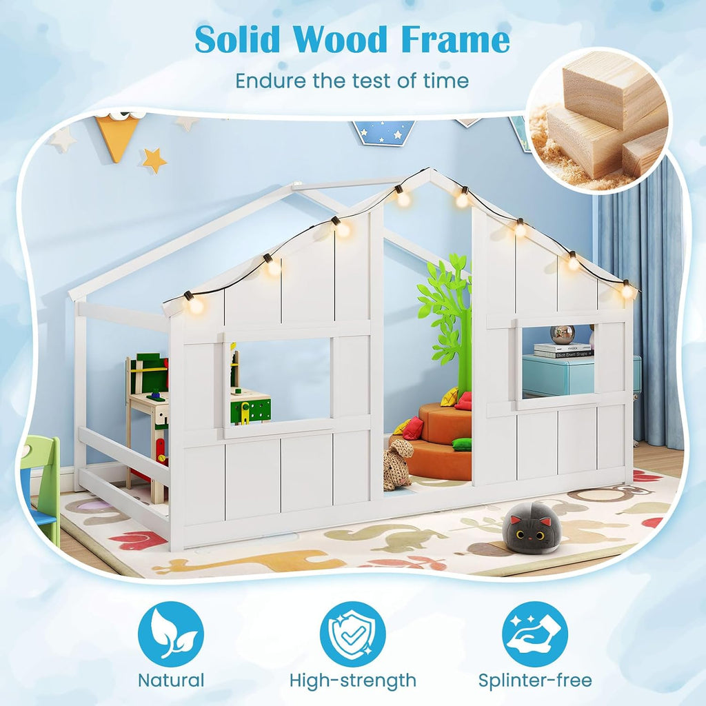 Twin Kids House Bed with Light Bulbs, Wooden Montessori Floor Bed Frame with Roof & Windows, Twin Floor Bed for Kids