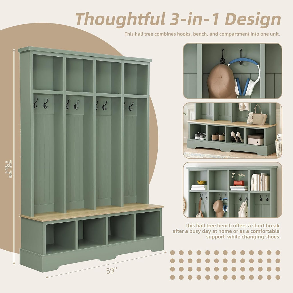 Farmhouse Hall Tree with Bench and Shoe Storage, 59" Entryway Bench with Coat Rack, 3-in-1 Hall Tree with Top
