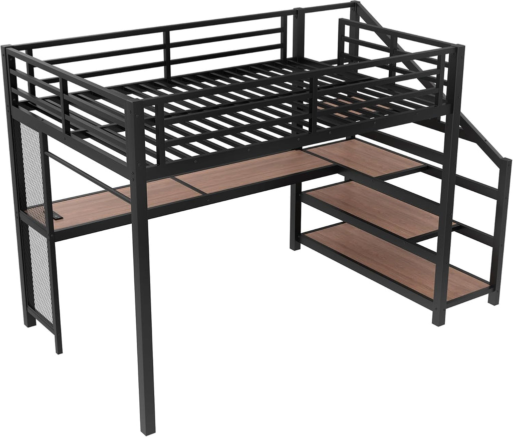 Metal Full Loft Bed with Desk and Storage Stairs,Heavy Duty Loft Bed Frame Full with LED Lights and Charging Station